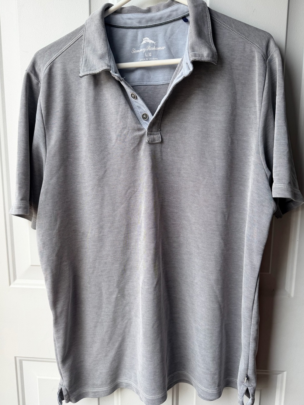 Tommy Bahama Gray Herringbone Polo Shirt Men’s Large Luxe Touch Short Sleeve